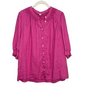 Boden Tunic Top Womens 14 Pink 100% Linen Button Front Smocked Neck 3/4 Sleeve